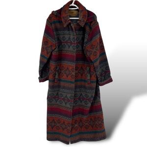 Southwestern Aztec Vtg Woolrich Boho Hippy Hooded Wool Blanket Coat Long Size Lg